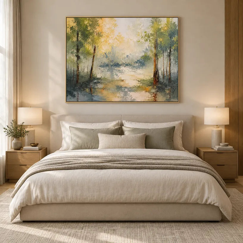 Expressionist landscapes & seascapes & cityscapes oil painting showing a painterly landscape with distant hills, trees or reflective water in a yellow palette.