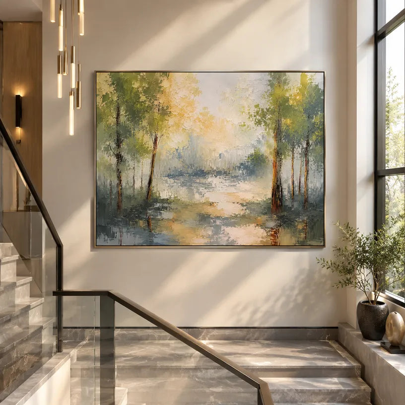 Expressionist landscapes & seascapes & cityscapes oil painting showing a painterly landscape with distant hills, trees or reflective water in a yellow palette.