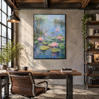 Expressionist floral/botanicals & nature oil painting showing botanical forms, flowers or trees arranged in a calm painterly composition in a blue palette.