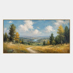 Expressionist landscapes & seascapes & cityscapes oil painting showing a painterly landscape with distant hills, trees or reflective water in a yellow palette.