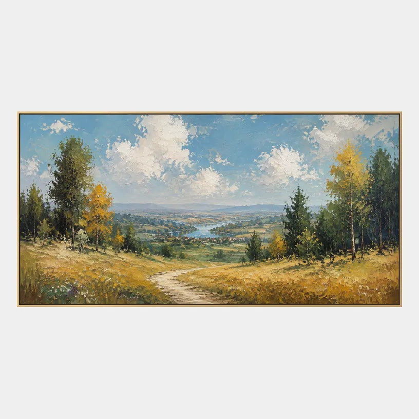 Expressionist landscapes & seascapes & cityscapes oil painting showing a painterly landscape with distant hills, trees or reflective water in a yellow palette.