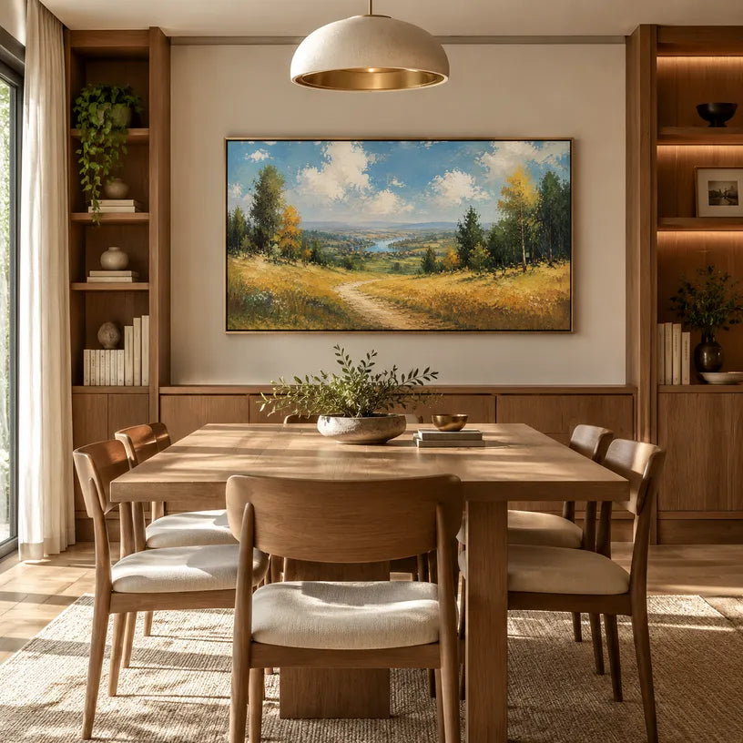 Expressionist landscapes & seascapes & cityscapes oil painting showing a painterly landscape with distant hills, trees or reflective water in a yellow palette.