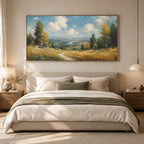 Expressionist landscapes & seascapes & cityscapes oil painting showing a painterly landscape with distant hills, trees or reflective water in a yellow palette.