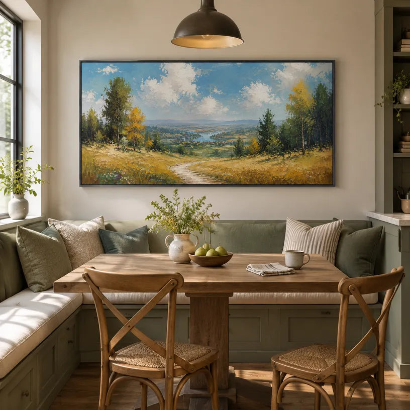 Expressionist landscapes & seascapes & cityscapes oil painting showing a painterly landscape with distant hills, trees or reflective water in a yellow palette.
