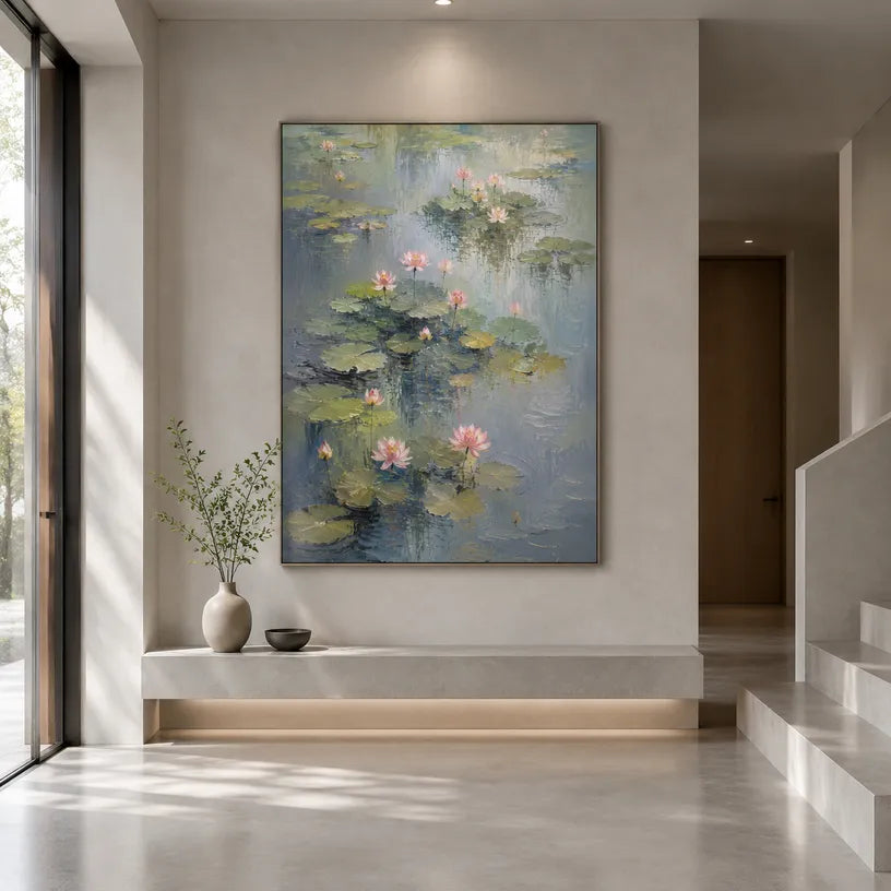 Expressionist floral/botanicals & nature oil painting showing botanical forms, flowers or trees arranged in a calm painterly composition in a grey palette.