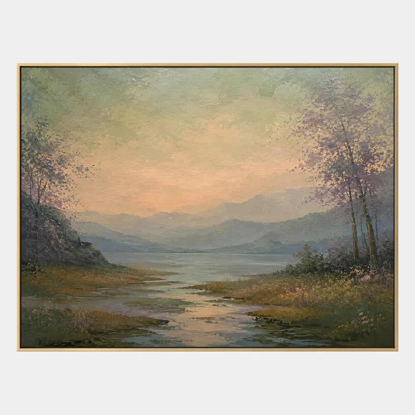 Expressionist landscapes & seascapes & cityscapes oil painting showing a painterly landscape with distant hills, trees or reflective water in a yellow palette.