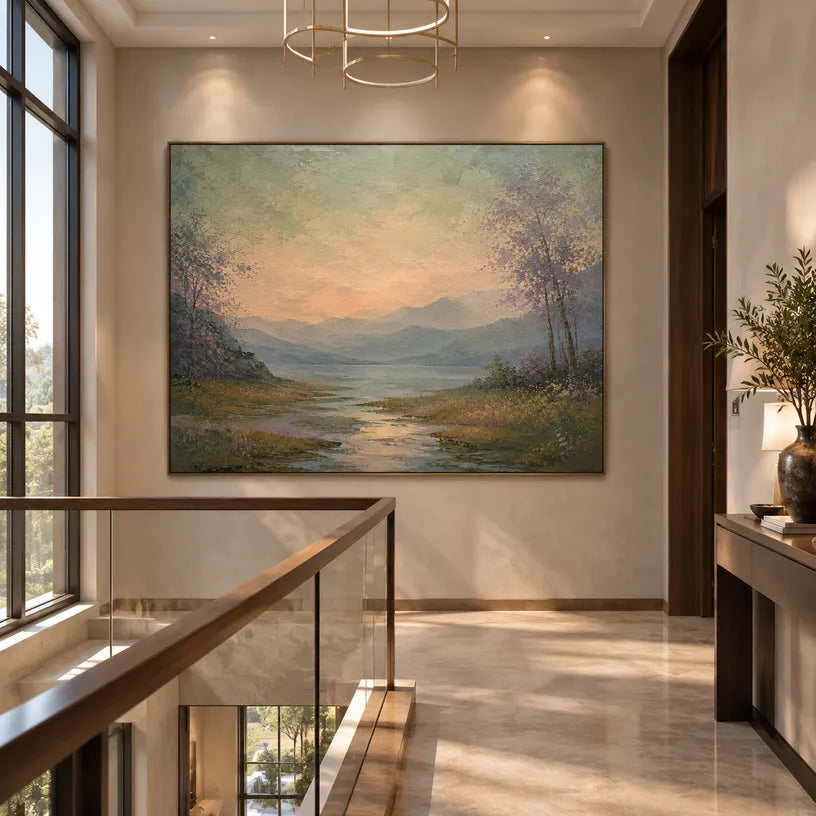 Expressionist landscapes & seascapes & cityscapes oil painting showing a painterly landscape with distant hills, trees or reflective water in a yellow palette.