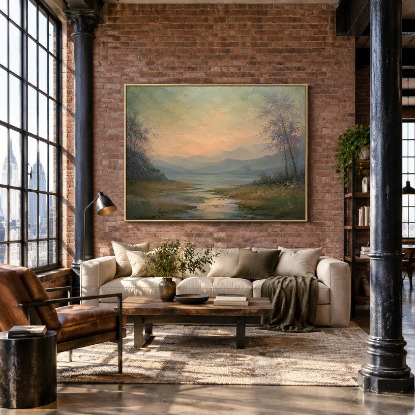 Expressionist landscapes & seascapes & cityscapes oil painting showing a painterly landscape with distant hills, trees or reflective water in a yellow palette.