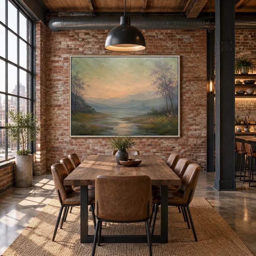 Expressionist landscapes & seascapes & cityscapes oil painting showing a painterly landscape with distant hills, trees or reflective water in a yellow palette.
