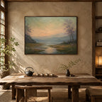 Expressionist landscapes & seascapes & cityscapes oil painting showing a painterly landscape with distant hills, trees or reflective water in a yellow palette.