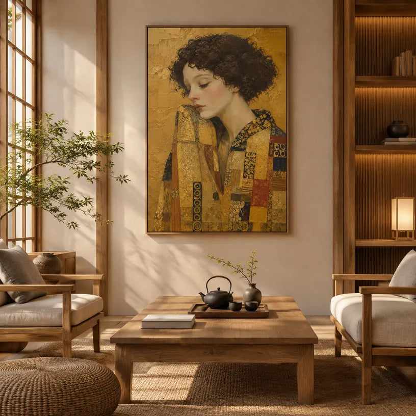Expressionist portraiture & figure oil painting showing a stylized figure or portrait with expressive painterly shapes in a yellow palette.