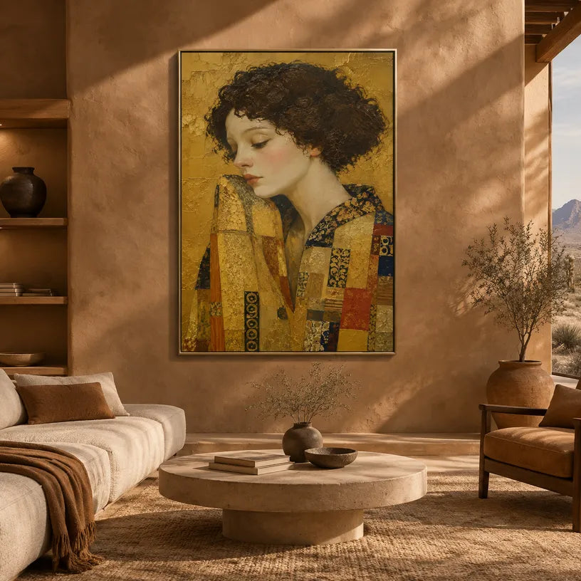 Expressionist portraiture & figure oil painting showing a stylized figure or portrait with expressive painterly shapes in a yellow palette.