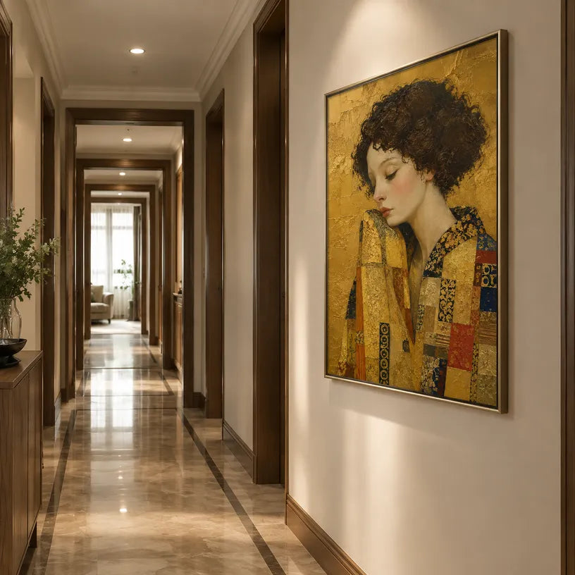Expressionist portraiture & figure oil painting showing a stylized figure or portrait with expressive painterly shapes in a yellow palette.