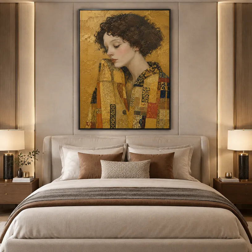 Expressionist portraiture & figure oil painting showing a stylized figure or portrait with expressive painterly shapes in a yellow palette.