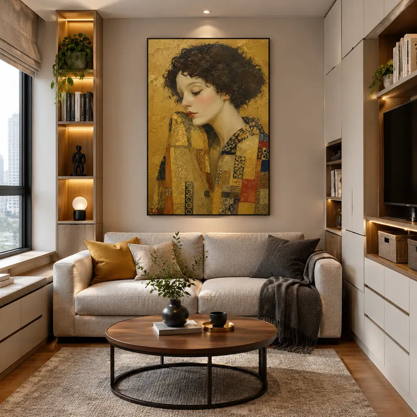 Expressionist portraiture & figure oil painting showing a stylized figure or portrait with expressive painterly shapes in a yellow palette.