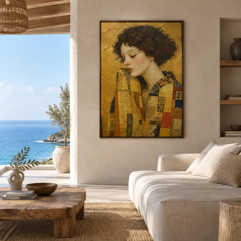 Expressionist portraiture & figure oil painting showing a stylized figure or portrait with expressive painterly shapes in a yellow palette.