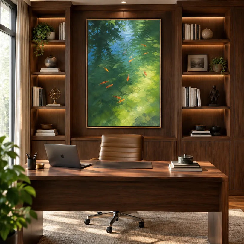 Expressionist landscapes & seascapes & cityscapes oil painting showing a painterly landscape with distant hills, trees or reflective water in a green palette.