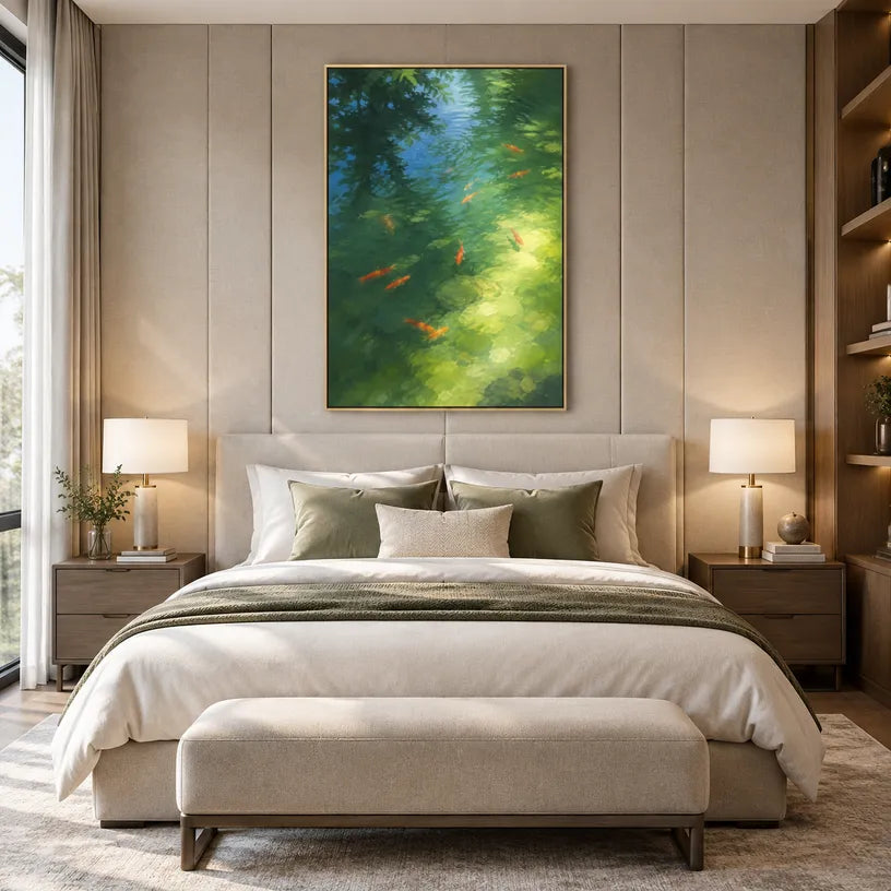 Expressionist landscapes & seascapes & cityscapes oil painting showing a painterly landscape with distant hills, trees or reflective water in a green palette.