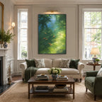 Expressionist landscapes & seascapes & cityscapes oil painting showing a painterly landscape with distant hills, trees or reflective water in a green palette.