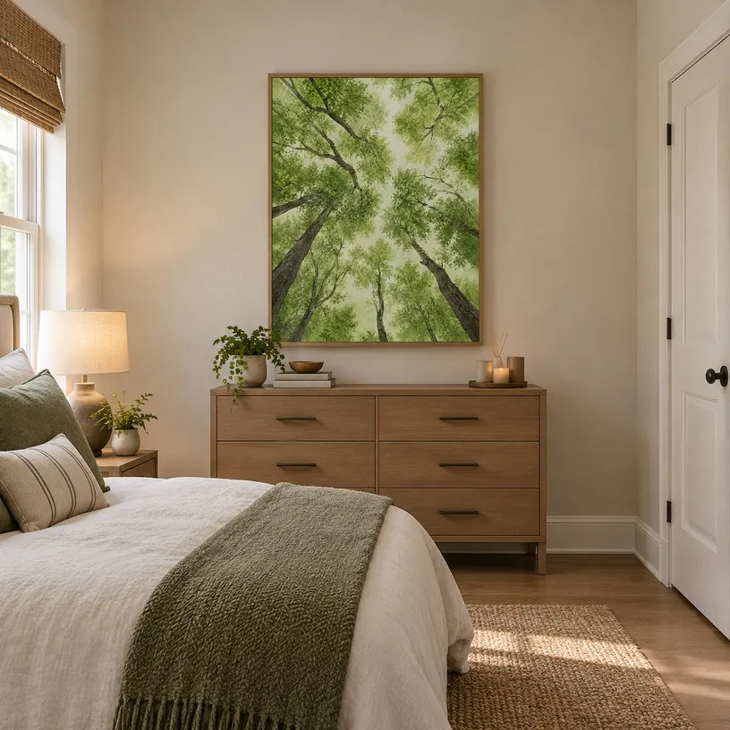Expressionist floral/botanicals & nature oil painting showing botanical forms, flowers or trees arranged in a calm painterly composition in a yellow palette.
