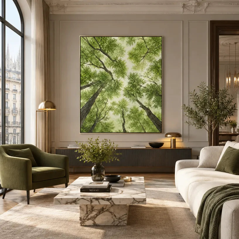 Expressionist floral/botanicals & nature oil painting showing botanical forms, flowers or trees arranged in a calm painterly composition in a yellow palette.