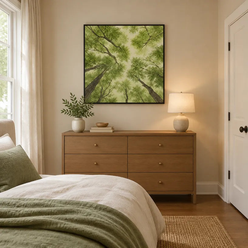 Expressionist floral/botanicals & nature oil painting showing botanical forms, flowers or trees arranged in a calm painterly composition in a yellow palette.