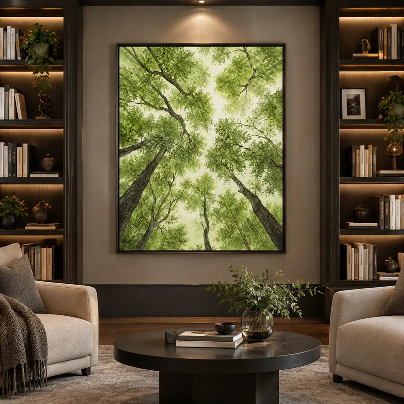 Expressionist floral/botanicals & nature oil painting showing botanical forms, flowers or trees arranged in a calm painterly composition in a yellow palette.