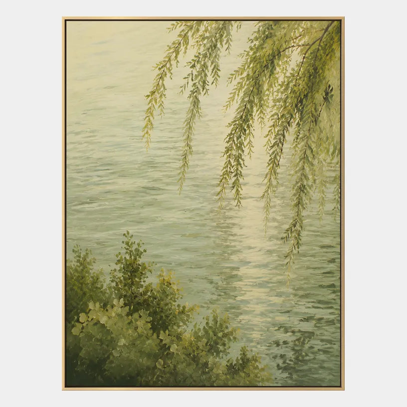 Expressionist landscapes & seascapes & cityscapes oil painting showing a painterly landscape with distant hills, trees or reflective water in a yellow palette.