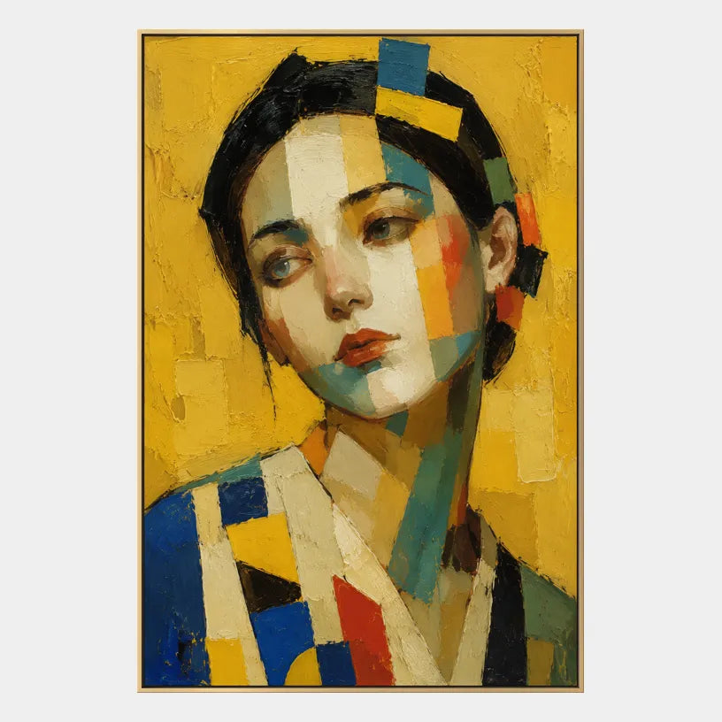 Expressionist portraiture & figure oil painting showing a stylized figure or portrait with expressive painterly shapes in a yellow palette.