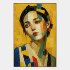 Expressionist portraiture & figure oil painting showing a stylized figure or portrait with expressive painterly shapes in a yellow palette.