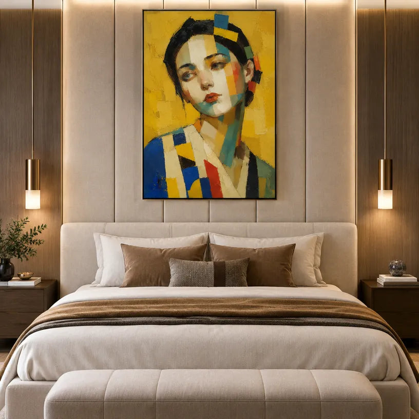 Expressionist portraiture & figure oil painting showing a stylized figure or portrait with expressive painterly shapes in a yellow palette.