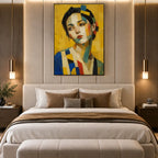 Expressionist portraiture & figure oil painting showing a stylized figure or portrait with expressive painterly shapes in a yellow palette.