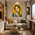 Expressionist portraiture & figure oil painting showing a stylized figure or portrait with expressive painterly shapes in a yellow palette.
