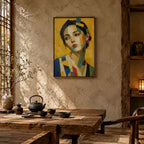 Expressionist portraiture & figure oil painting showing a stylized figure or portrait with expressive painterly shapes in a yellow palette.