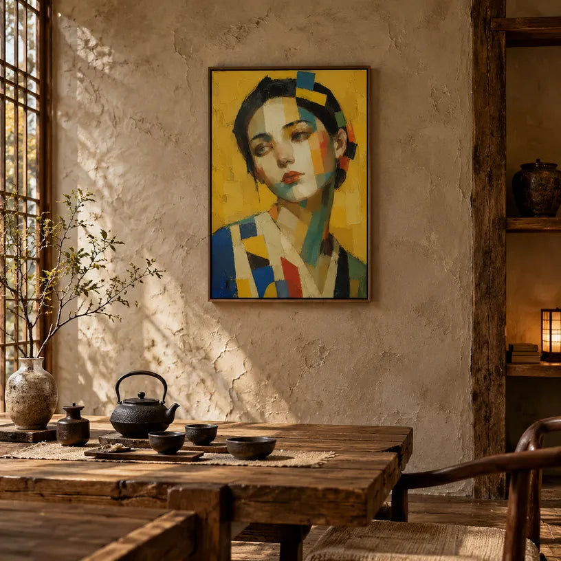 Expressionist portraiture & figure oil painting showing a stylized figure or portrait with expressive painterly shapes in a yellow palette.