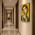 Expressionist portraiture & figure oil painting showing a stylized figure or portrait with expressive painterly shapes in a yellow palette.