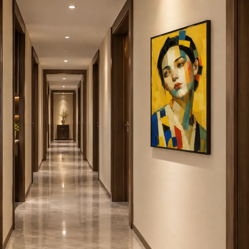 Expressionist portraiture & figure oil painting showing a stylized figure or portrait with expressive painterly shapes in a yellow palette.