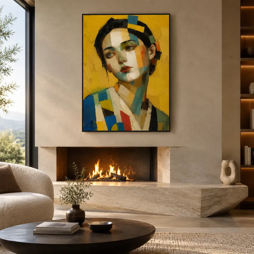 Expressionist portraiture & figure oil painting showing a stylized figure or portrait with expressive painterly shapes in a yellow palette.