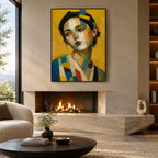 Expressionist portraiture & figure oil painting showing a stylized figure or portrait with expressive painterly shapes in a yellow palette.