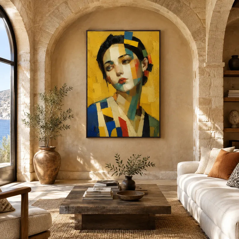 Expressionist portraiture & figure oil painting showing a stylized figure or portrait with expressive painterly shapes in a yellow palette.