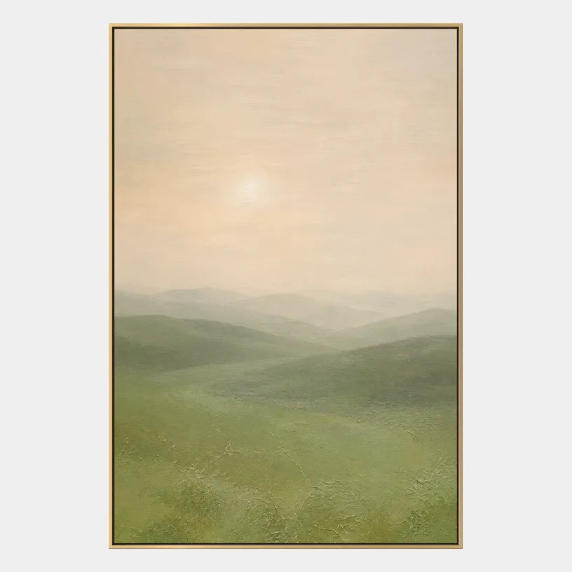 Expressionist landscapes & seascapes & cityscapes oil painting showing a painterly landscape with distant hills, trees or reflective water in a beige palette.