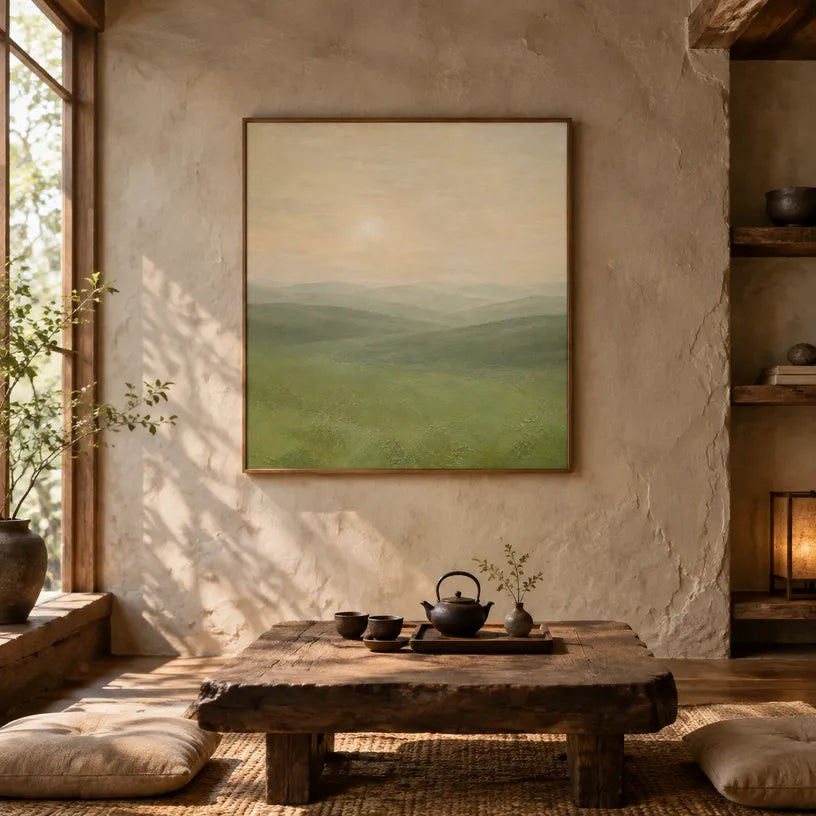 Expressionist landscapes & seascapes & cityscapes oil painting showing a painterly landscape with distant hills, trees or reflective water in a beige palette.