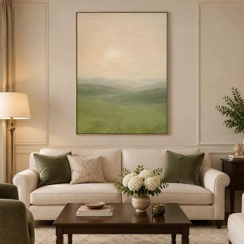 Expressionist landscapes & seascapes & cityscapes oil painting showing a painterly landscape with distant hills, trees or reflective water in a beige palette.