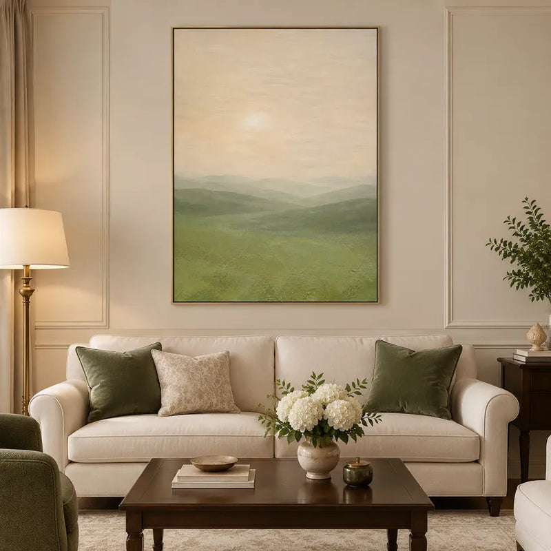 Pintura al óleo de paisajes expresionistas, paisajes marinos y urbanos que presenta una composición atmosférica inspirada en un paisaje, un paisaje marino o una ciudad en una paleta beige.