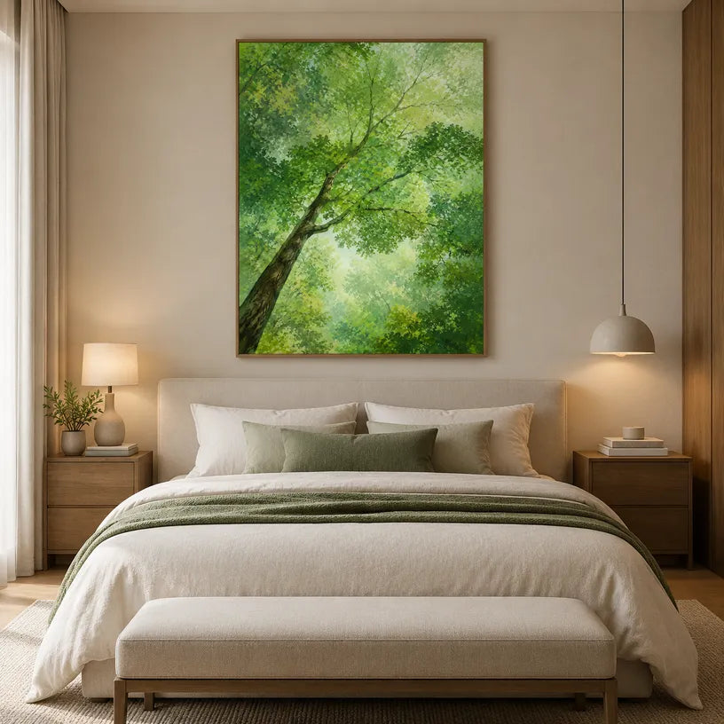 Expressionist floral/botanicals & nature oil painting showing botanical forms, flowers or trees arranged in a calm painterly composition in a green palette.