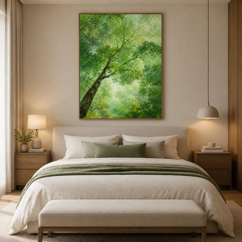 Pittura a olio espressionista floreale/botanica e naturalistica con forme botaniche, fiori o elementi naturali in una composizione pittorica in una tavolozza verde.