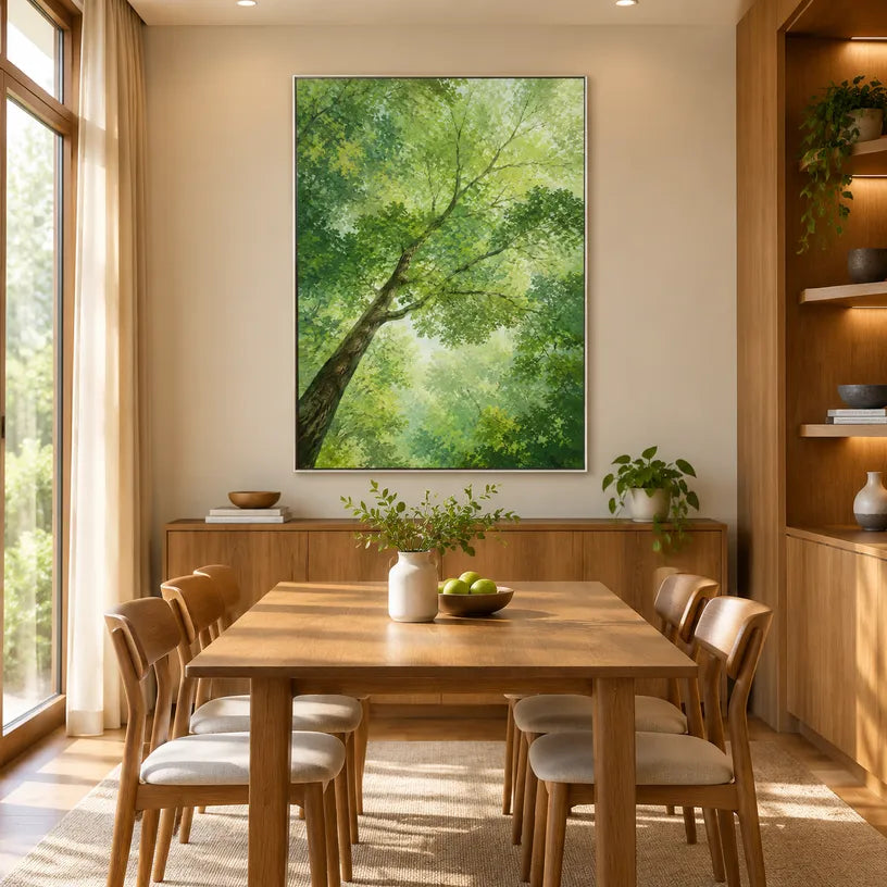 Expressionist floral/botanicals & nature oil painting showing botanical forms, flowers or trees arranged in a calm painterly composition in a green palette.