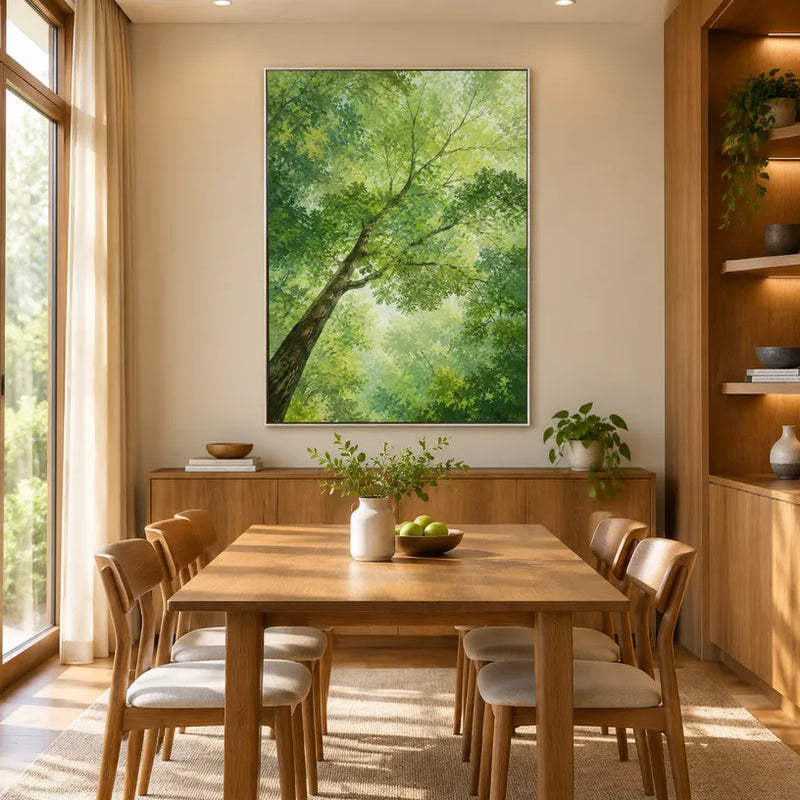 Pittura a olio espressionista floreale/botanica e naturalistica con forme botaniche, fiori o elementi naturali in una composizione pittorica in una tavolozza verde.