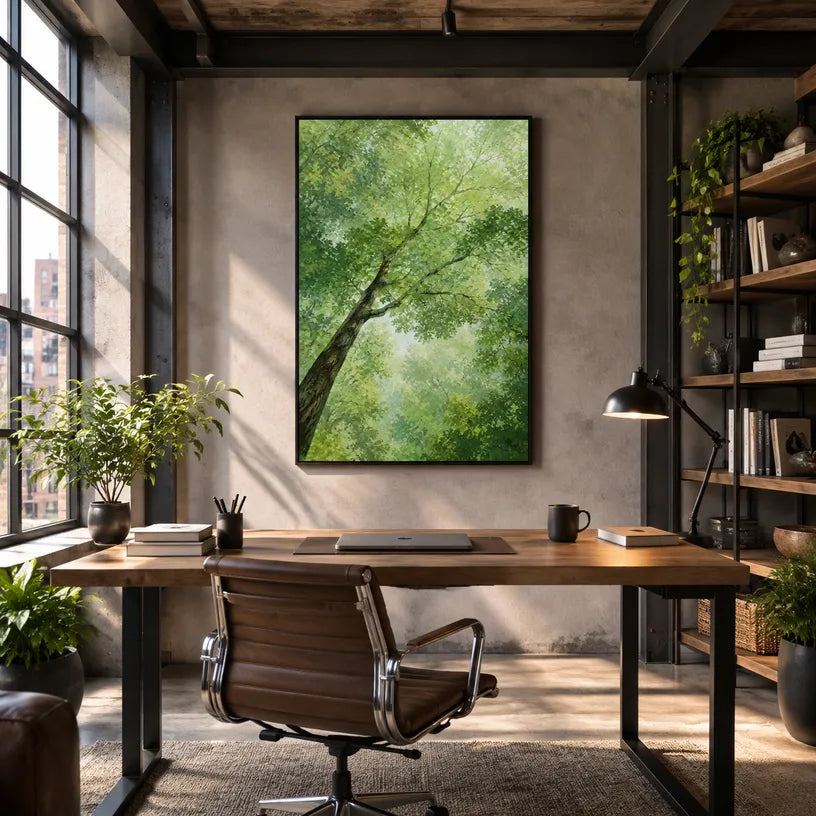 Expressionist floral/botanicals & nature oil painting showing botanical forms, flowers or trees arranged in a calm painterly composition in a green palette.