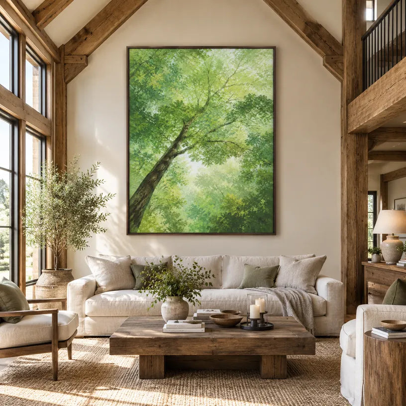 Expressionist floral/botanicals & nature oil painting showing botanical forms, flowers or trees arranged in a calm painterly composition in a green palette.